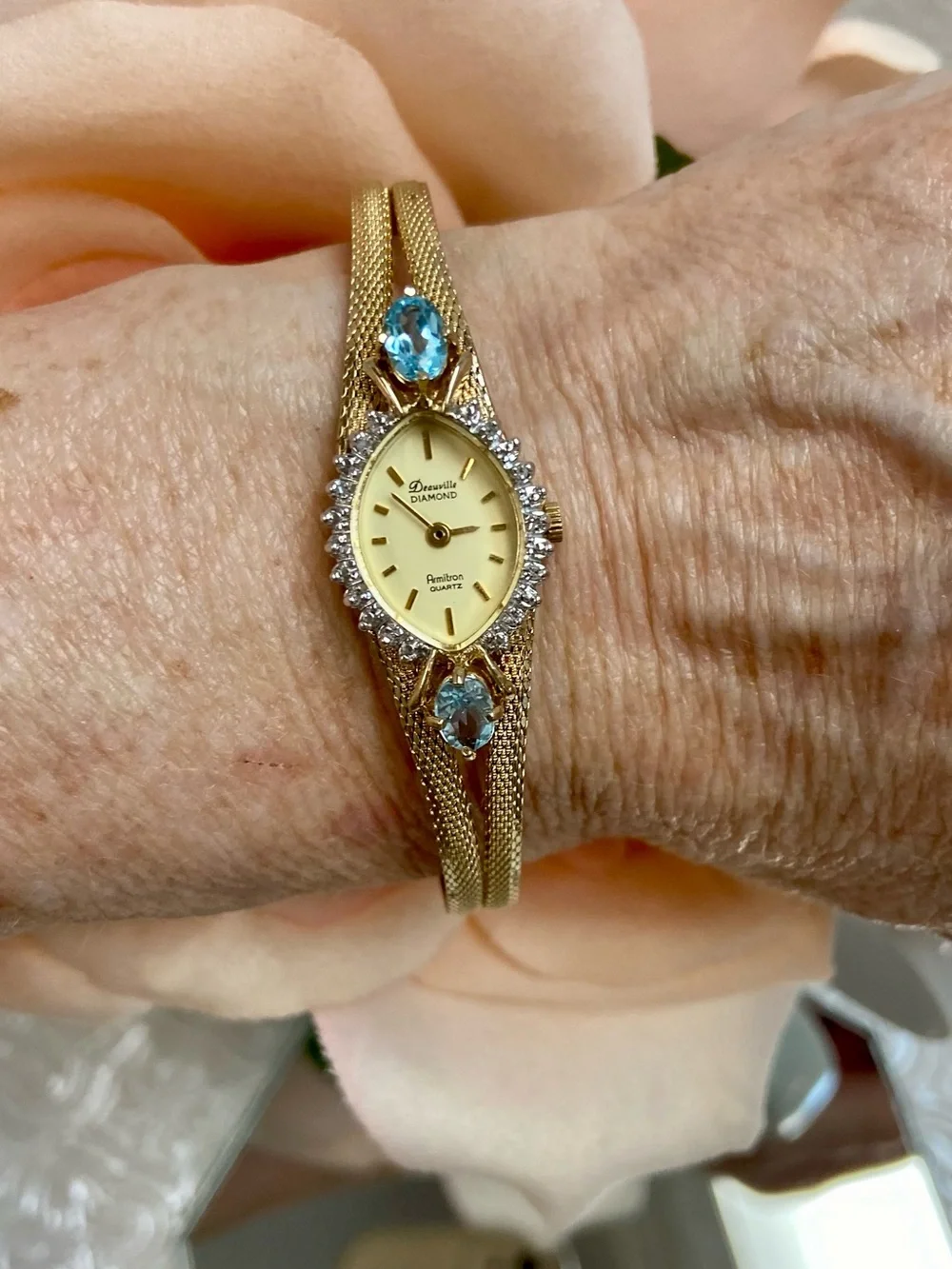 Vintage Deauville Diamond & Blue Topaz Accented Bezel Dainty Cocktail Watch